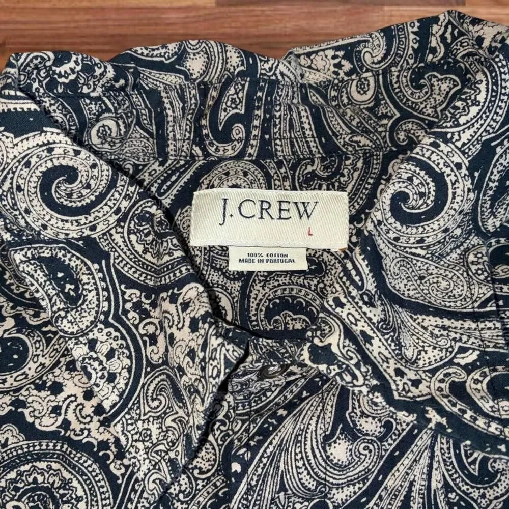 J.Crew Paisley Button Up Shirt Navy White Long Sleeve Cotton Men’s Large